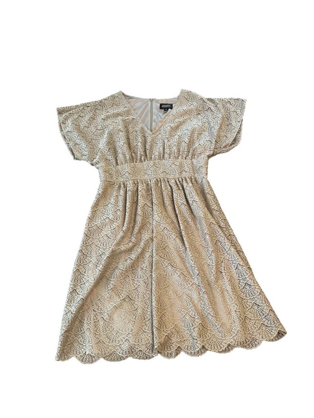 Adrianna Papell Lace‎ Fit & Flare Dress 12 Taupe V Neck Lined Midi Romantic